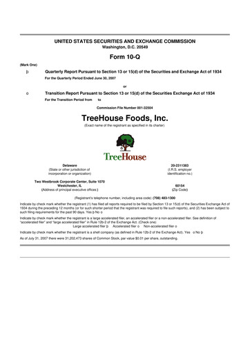 Miniature TreeHouse Foods
 10-Q Rapport trimestriel  