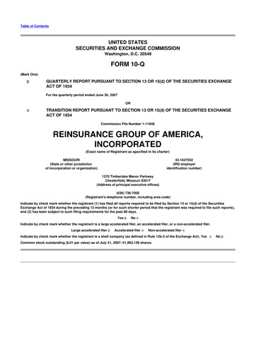 Thumbnail Reinsurance Group of America
 10-Q Quarterly Report FY 