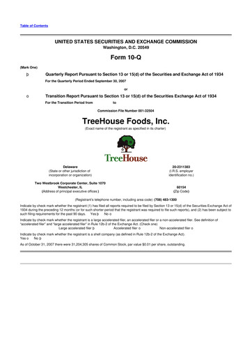 Miniature TreeHouse Foods
 10-Q Rapport trimestriel  