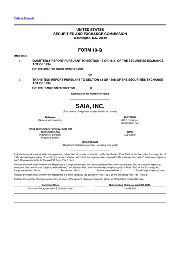 Thumbnail Saia
 10-Q Quarterly Report FY 