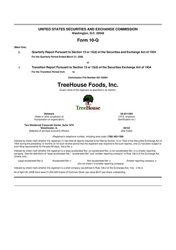 Miniature TreeHouse Foods
 10-Q Rapport trimestriel  