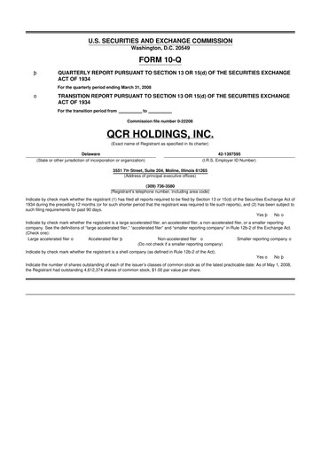 Miniature QCR Holdings
 10-Q Rapport trimestriel  