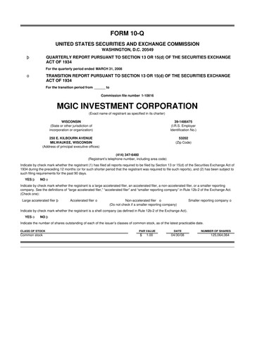 Thumbnail MGIC Investment
 10-Q Quarterly Report FY 