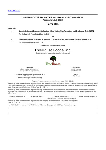 Miniature TreeHouse Foods
 10-Q Rapport trimestriel  