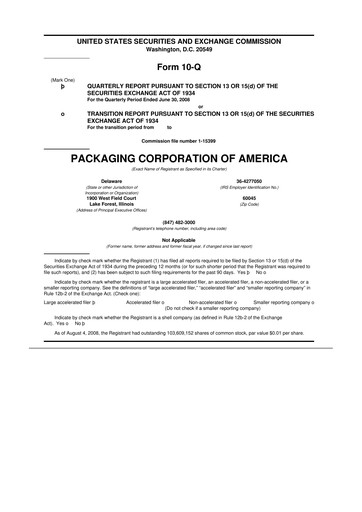 Thumbnail Packaging Corporation of America
 10-Q Quarterly Report FY 