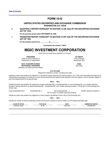 Thumbnail MGIC Investment
 10-Q Quarterly Report FY 