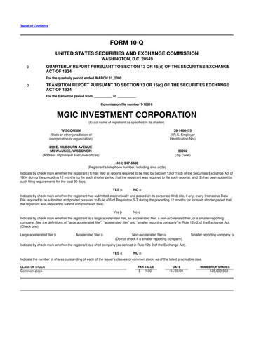 Thumbnail MGIC Investment
 10-Q Quarterly Report FY 