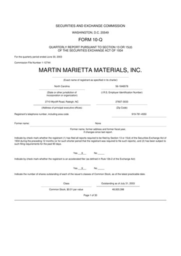 Thumbnail Martin Marietta Materials 10-Q Quarterly Report FY 