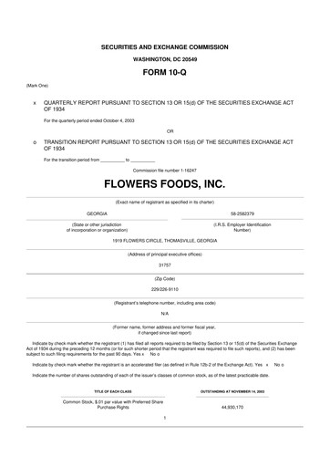 Thumbnail Flowers Foods
 10-Q Quarterly Report FY 