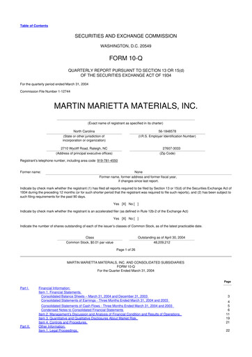 Thumbnail Martin Marietta Materials 10-Q Quarterly Report FY 
