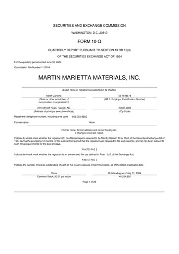 Thumbnail Martin Marietta Materials 10-Q Quarterly Report FY 
