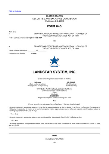 Miniature Landstar System
 10-Q Rapport trimestriel  