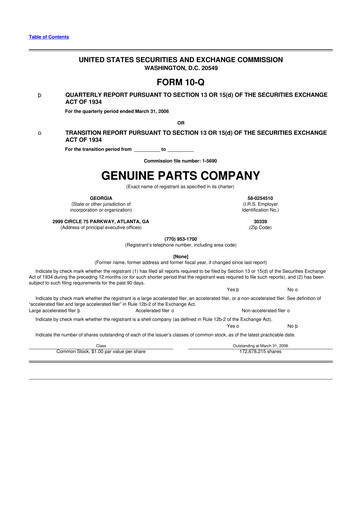 Thumbnail Genuine Parts Company
 10-Q Quarterly Report FY 