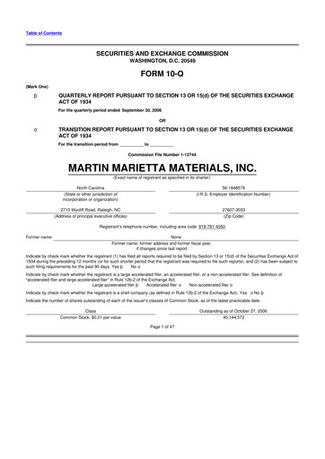 Thumbnail Martin Marietta Materials 10-Q Quarterly Report FY 