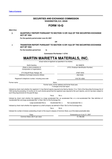 Thumbnail Martin Marietta Materials 10-Q Quarterly Report FY 