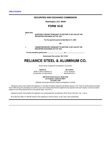 Thumbnail Reliance


 10-Q Quarterly Report FY 