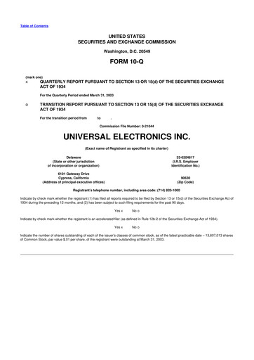 Miniature Universal Electronics 10-Q Rapport trimestriel  