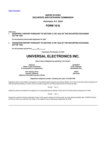 Miniature Universal Electronics 10-Q Rapport trimestriel  