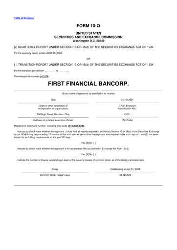 Thumbnail First Financial Bank
 10-Q Quarterly Report FY 