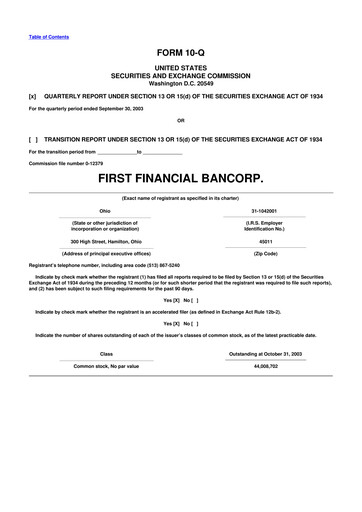 Thumbnail First Financial Bank
 10-Q Quarterly Report FY 