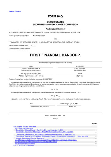 Thumbnail First Financial Bank
 10-Q Quarterly Report FY 