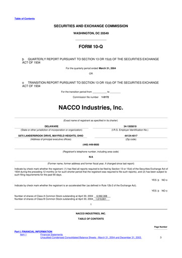 Miniature NACCO Industries
 10-Q Rapport trimestriel  