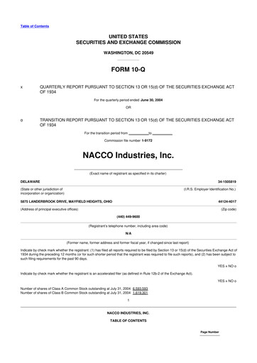 Miniature NACCO Industries
 10-Q Rapport trimestriel  