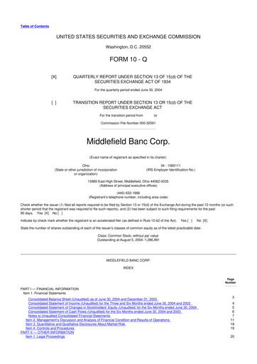 Thumbnail Middlefield Banc
 10-Q Quarterly Report FY 