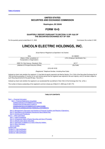 Thumbnail Lincoln Electric
 10-Q Quarterly Report FY 