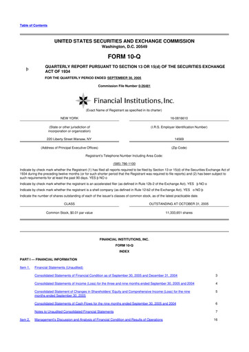 Thumbnail Financial Institutions 10-Q Quarterly Report FY 
