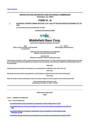 Thumbnail Middlefield Banc
 10-Q Quarterly Report FY 