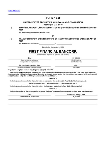 Thumbnail First Financial Bank
 10-Q Quarterly Report FY 