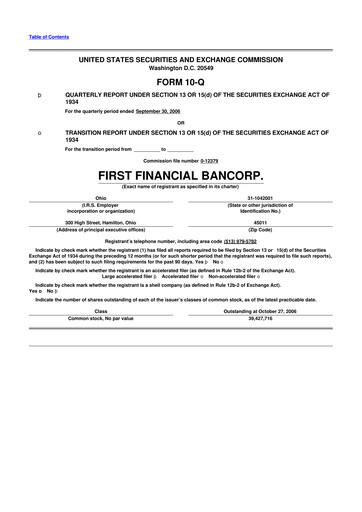 Thumbnail First Financial Bank
 10-Q Quarterly Report FY 