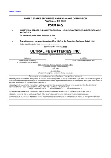Thumbnail Ultralife Corporation 10-Q Quarterly Report FY 