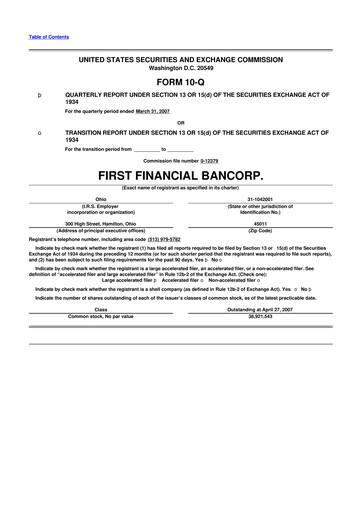 Thumbnail First Financial Bank
 10-Q Quarterly Report FY 