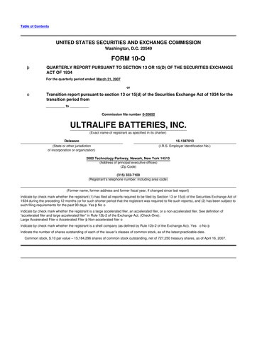 Thumbnail Ultralife Corporation 10-Q Quarterly Report FY 