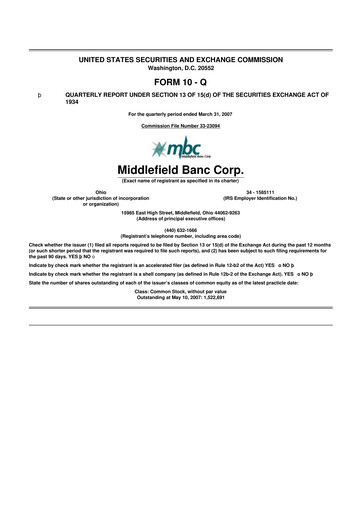 Thumbnail Middlefield Banc
 10-Q Quarterly Report FY 