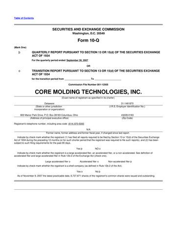 Thumbnail Core Molding Technologies 10-Q Quarterly Report FY 