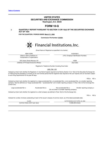 Thumbnail Financial Institutions 10-Q Quarterly Report FY 