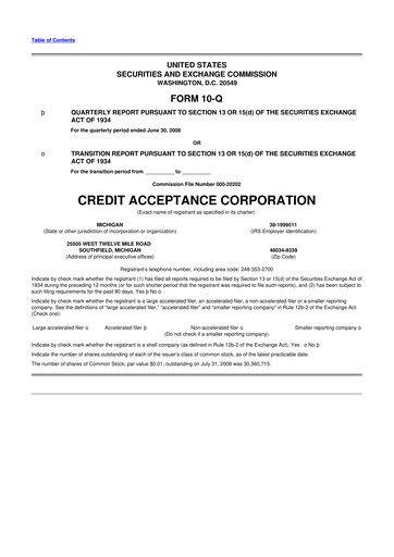 Miniature Credit Acceptance
 10-Q Rapport trimestriel  