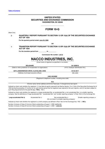 Miniature NACCO Industries
 10-Q Rapport trimestriel  