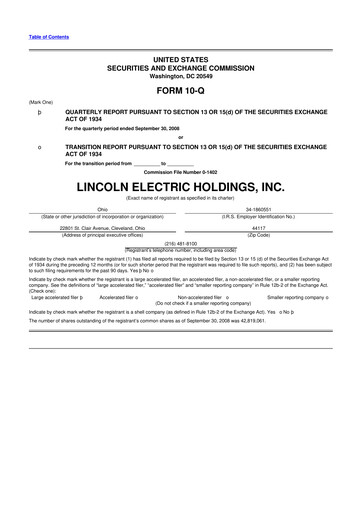 Thumbnail Lincoln Electric
 10-Q Quarterly Report FY 