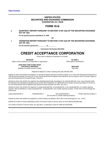 Miniature Credit Acceptance
 10-Q Rapport trimestriel  