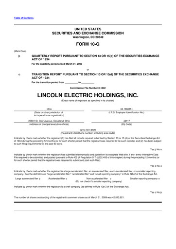 Thumbnail Lincoln Electric
 10-Q Quarterly Report FY 