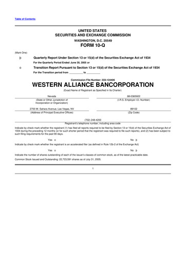 Thumbnail Western Alliance Bancorporation
 10-Q Quarterly Report FY 