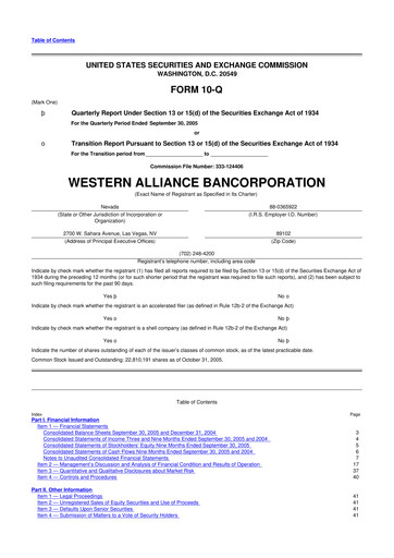 Thumbnail Western Alliance Bancorporation
 10-Q Quarterly Report FY 