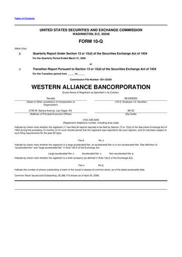 Thumbnail Western Alliance Bancorporation
 10-Q Quarterly Report FY 