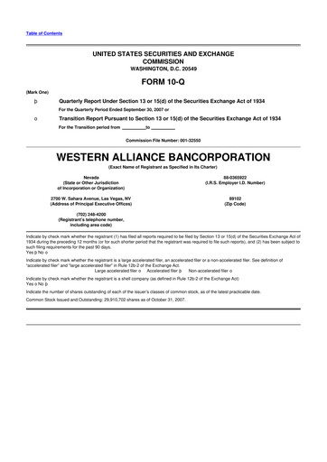 Thumbnail Western Alliance Bancorporation
 10-Q Quarterly Report FY 
