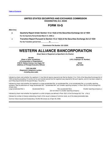 Thumbnail Western Alliance Bancorporation
 10-Q Quarterly Report FY 