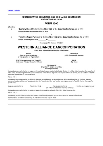 Thumbnail Western Alliance Bancorporation
 10-Q Quarterly Report FY 